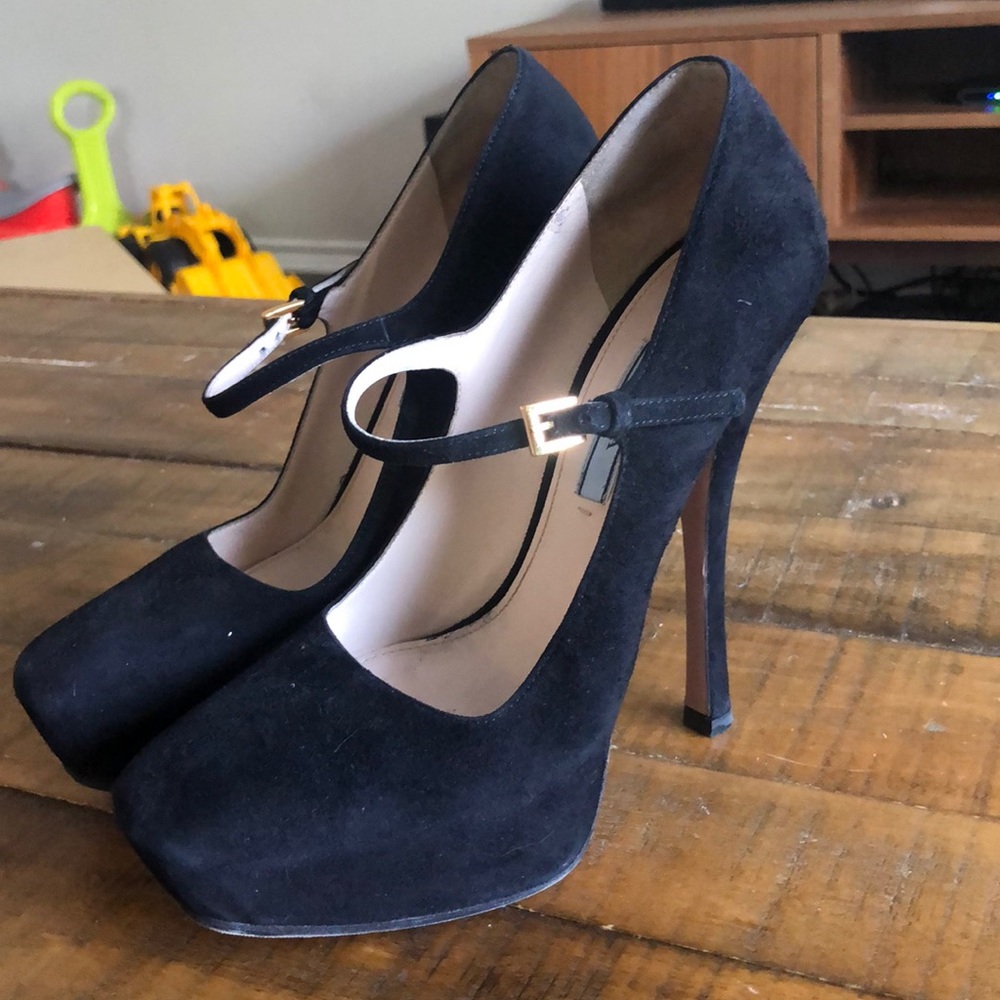 Prada Mary Suede Black Jane Platform Pumps sz 38